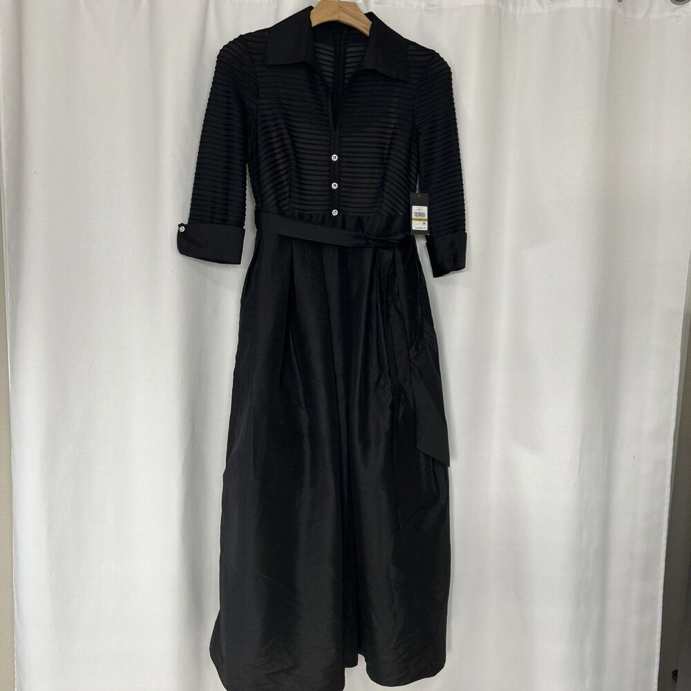 NWT Jessica Howard Women's 14P Black Mixed Media Tie Waist Ball Gown lined - Picture 2 of 10